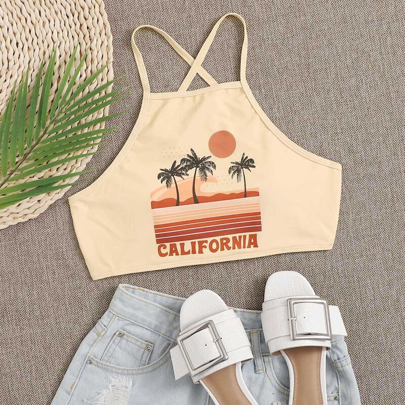 

Tropical Scenery Lace-up Bikini Top, Apricot