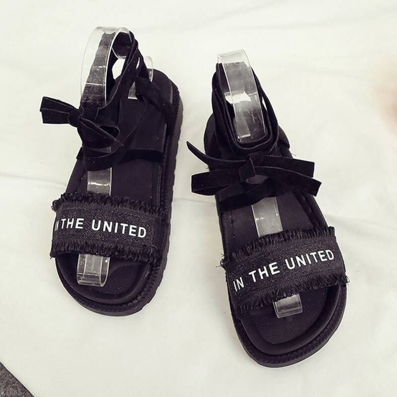 

Tassel Trim Tie Leg Sandals, Black