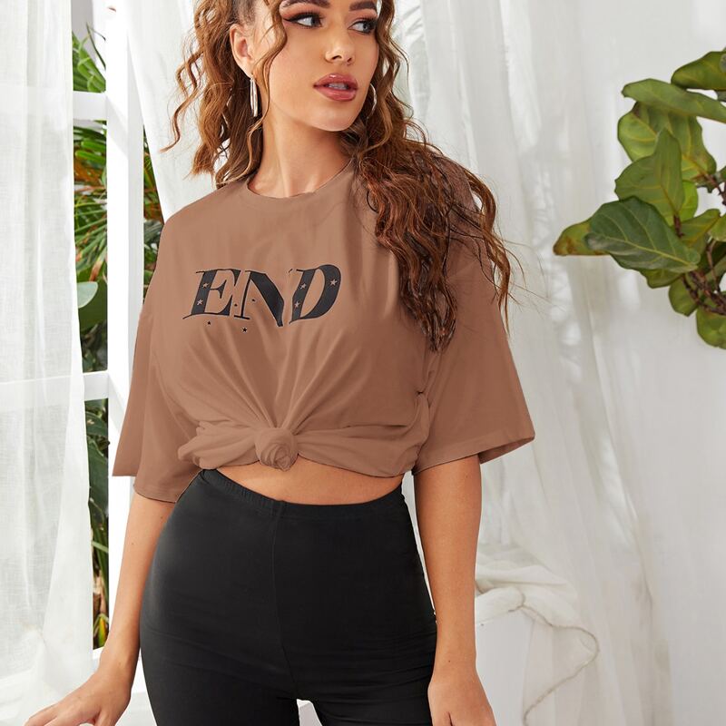 

Drop Shoulder Letter Graphic Tee & Biker Shorts Set, Mocha brown