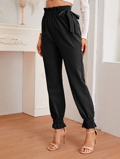 SHEIN Essnce Paperbag Waist Knotted Tapered Pants