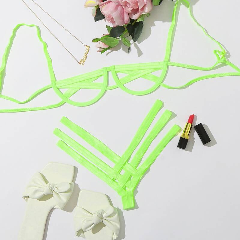 

Neon Green Bandage Strappy Lingerie Set, Neon lime green