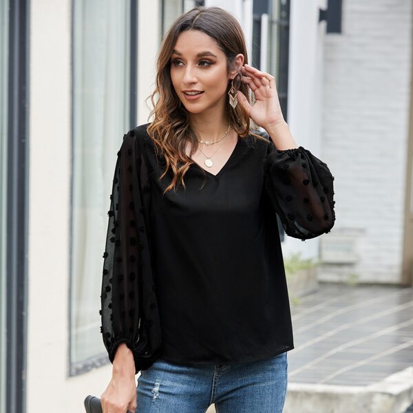 

V-neck Swiss Dot Mesh Sleeve Blouse, Black