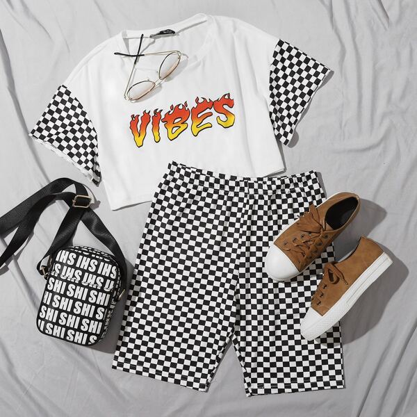 

Checkered Sleeve Letter Graphic Top & Biker Shorts Set, Black and white