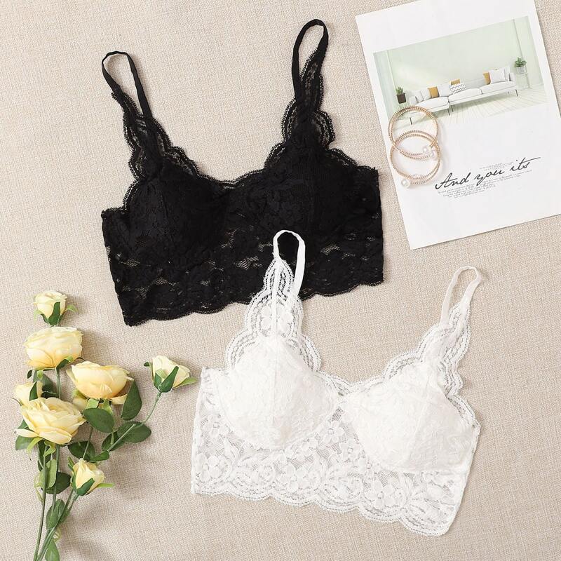 

2pack Scallop Floral Lace Bralette, Black and white