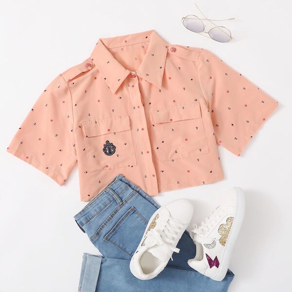 

Pocket Patched Anchor & Graphic Print Top, Coral pink