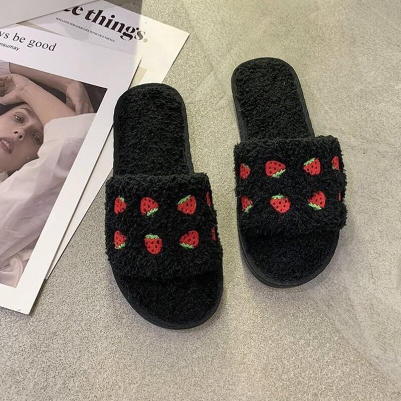 Strawberry Fluffy Slippers, Black