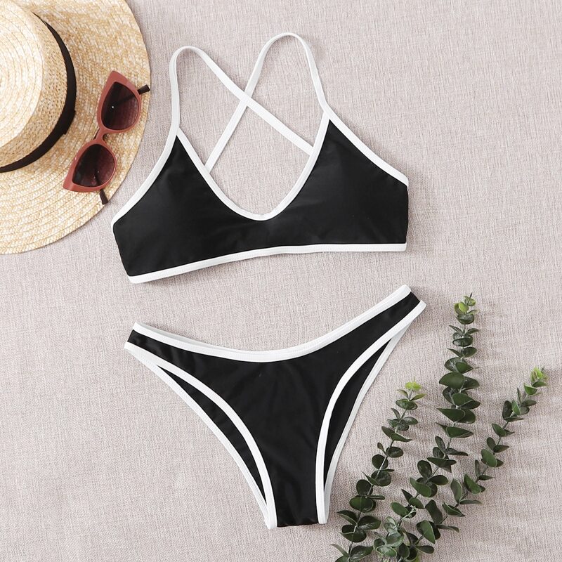 

Contrast Binding High Leg Bikini Swimsuit, Black