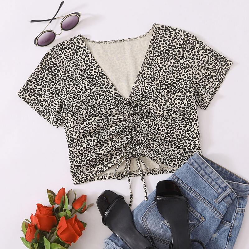 

Leopard Drawstring Front Tee, Multicolor