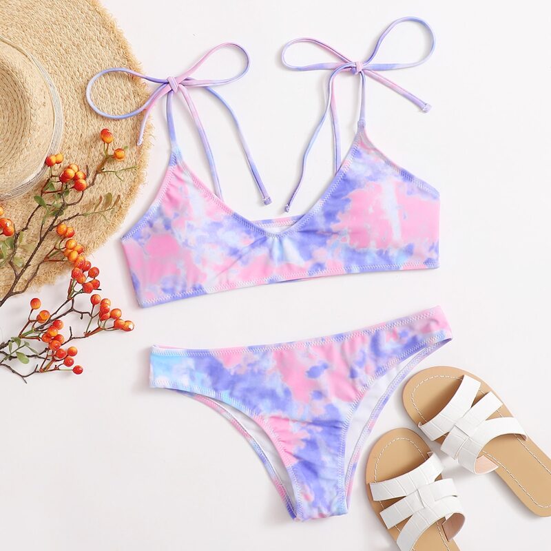 

Tie Dye Tie Strap Bikini Swimsuit, Multicolor
