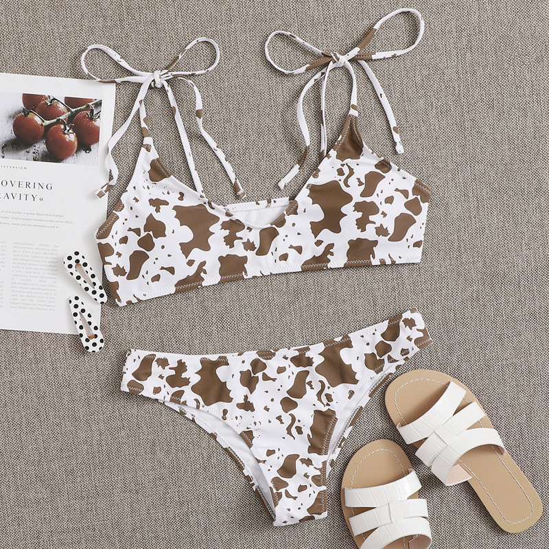 

Cow Print Tie Strap Bikini Swimsuit, Multicolor