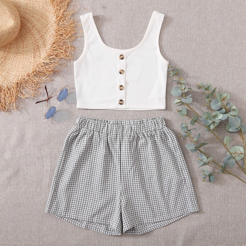 

Button Front Tank & Plaid Short, Multicolor