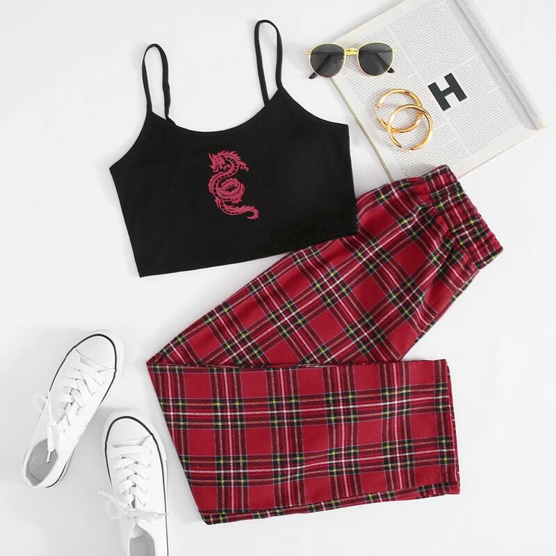 

Dragon Graphic Cami & Tartan Pants, Multicolor
