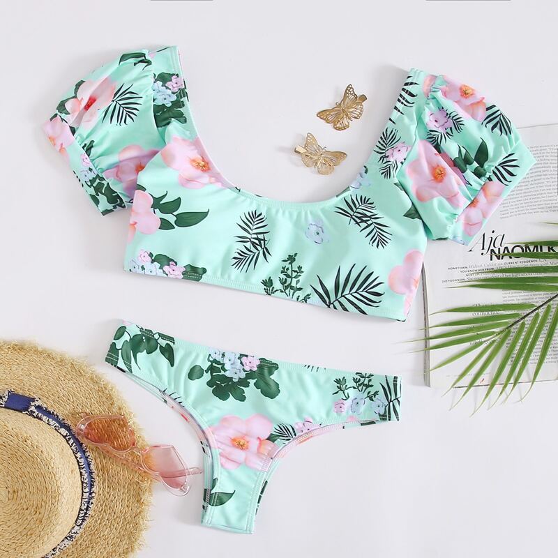 

Floral Puff Sleeve Tee Bikini Swimsuit, Mint green