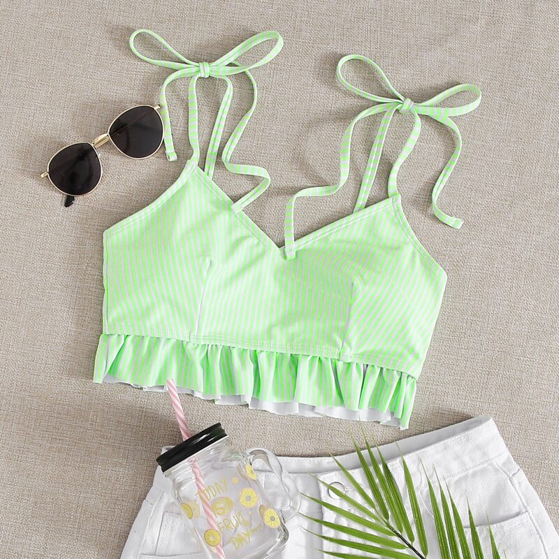 

Stripe Ruffle Hem Bikini Top, Green neon