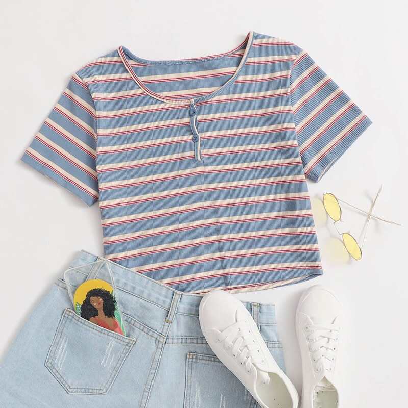

Striped Henley Tee, Multicolor