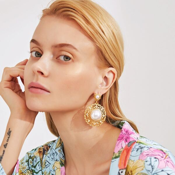 

Faux Pearl Drop Earrings, Gold