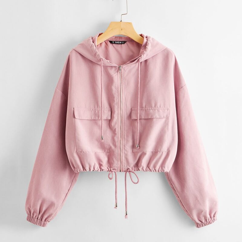 

Drop Shoulder Zip Up Drawstring Hoodie Jacket, Pastel dusty pink