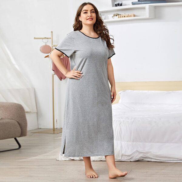 

Plus Contrast Binding Split Side Night Dress, Grey