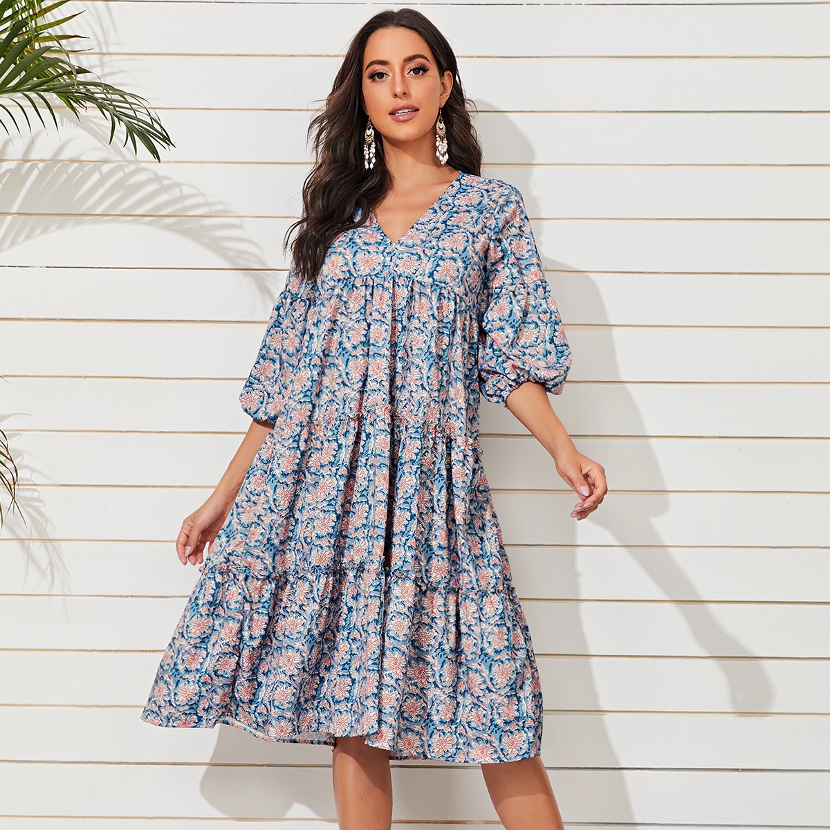 Image of Allover Floral Blouson Sleeve Smock Dress