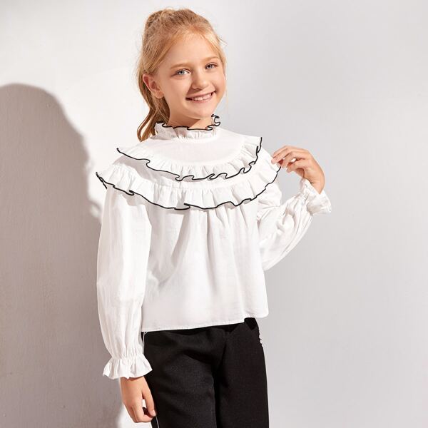 

Girls Keyhole Back Ruffle Trim Top, White