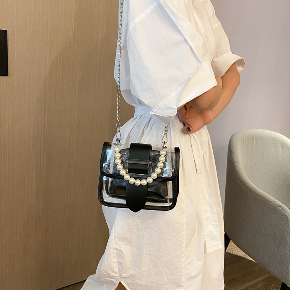 

Faux Pearl Clear Bag & Inner Pouch, Black