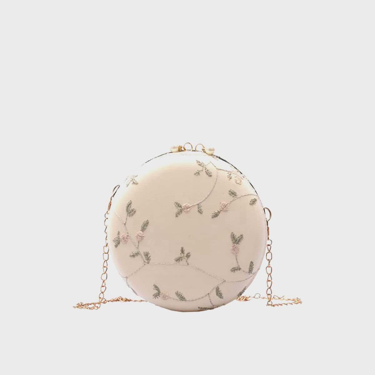 

Floral Embroidery Round Crossbody Bag, Beige pastel