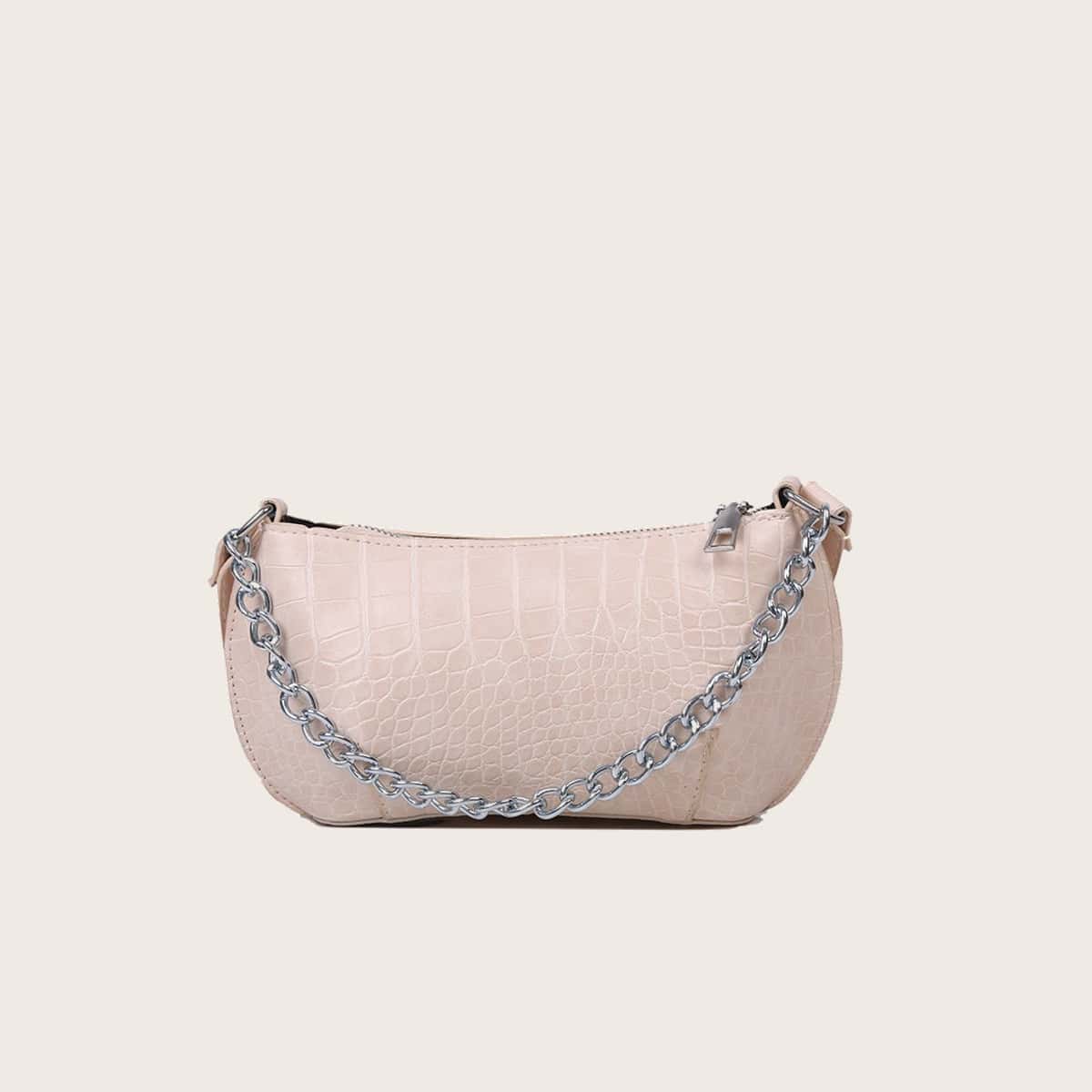 

Croc Embossed Chain Baguette Bag, Beige pastel