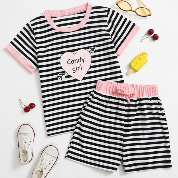 

Girls Letter Graphic Tee & Striped Shorts, Black and white