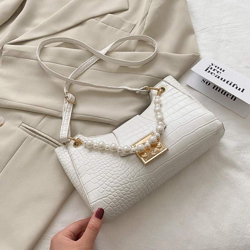 

Faux Pearl Croc Embossed Satchel Bag, White