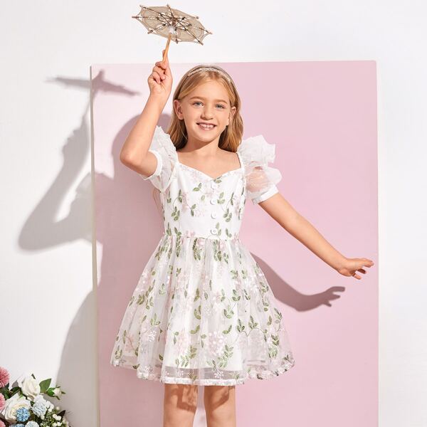 

Girls Exaggerate Ruffle Trim Organza Puff Sleeve Floral Embroidered Mesh Dress, White
