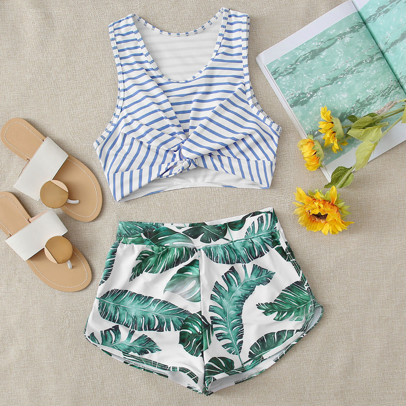 

Striped & Tropical Twist Shorts Bikini Swimsuit, Multicolor