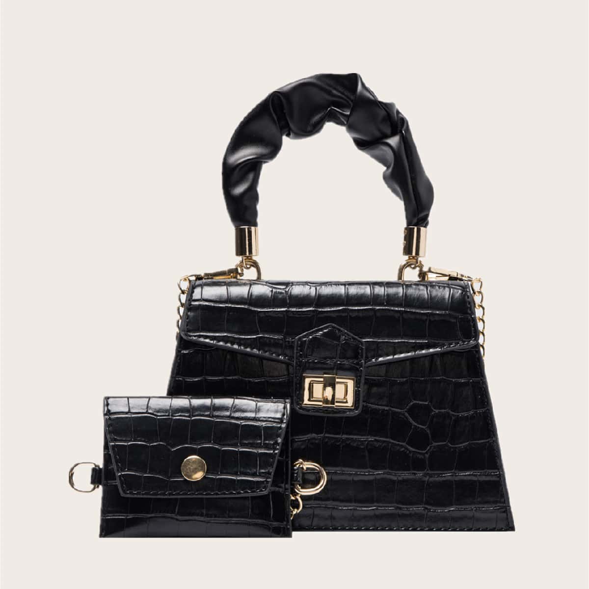 

2pcs Croc Embossed Satchel Bag With Crossbody Bag, Black