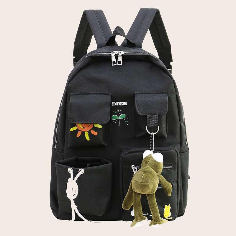 

Pocket Front Cartoon Graphic Backpack, Black