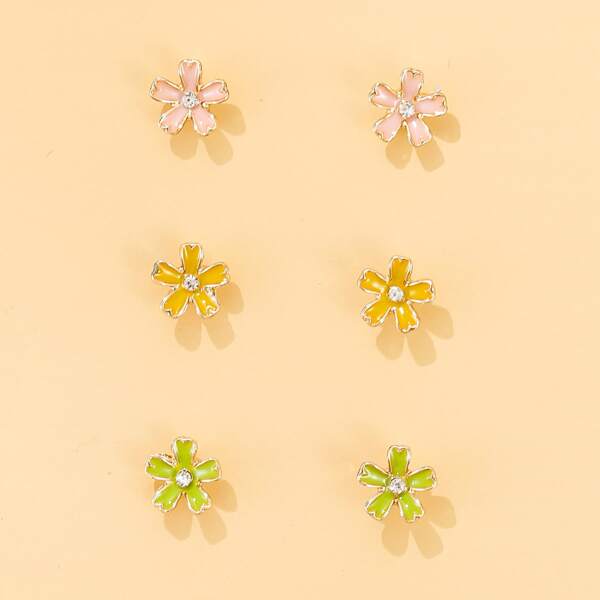 

3pairs Flower Shaped Stud Earrings, Multicolor
