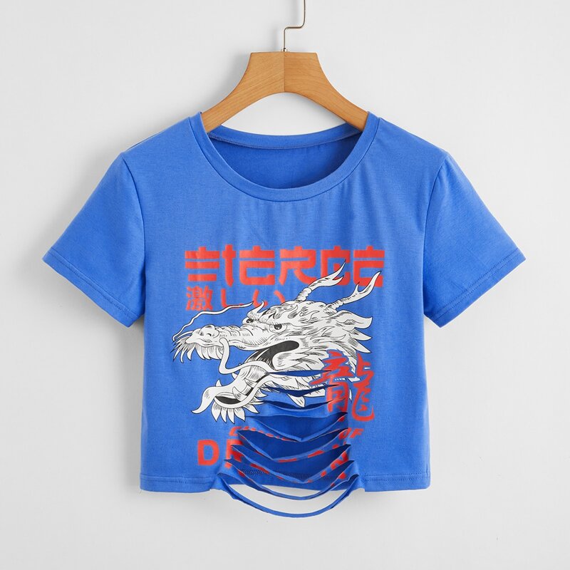 

Dragon Graphic Ripped Crop Top, Blue