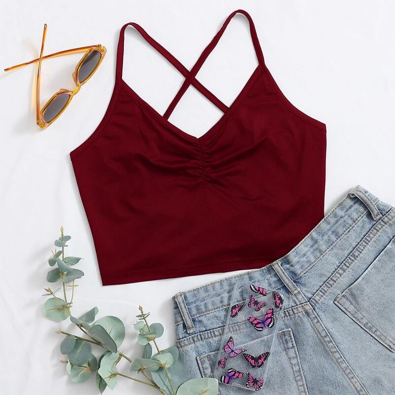 

Lace Up Back Crop Top, Burgundy