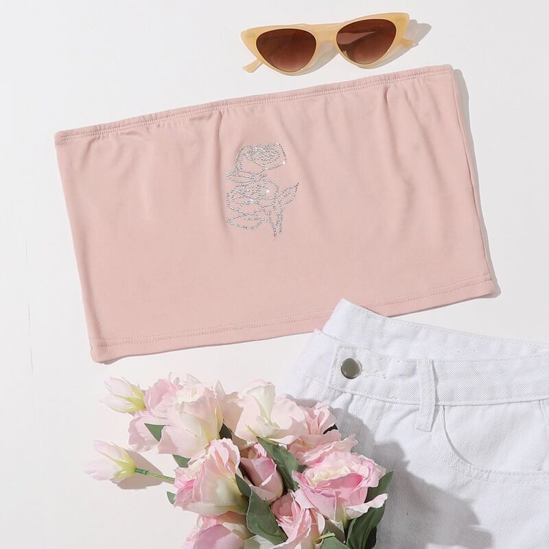 

Rose Graphic Crop Tube Top, Baby pink