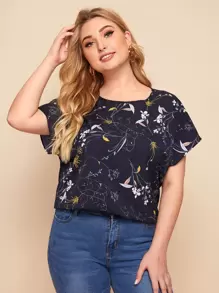 SHEIN LUNE Plus Botanical Print Batwing Sleeve Top - Navy Blue - View 1