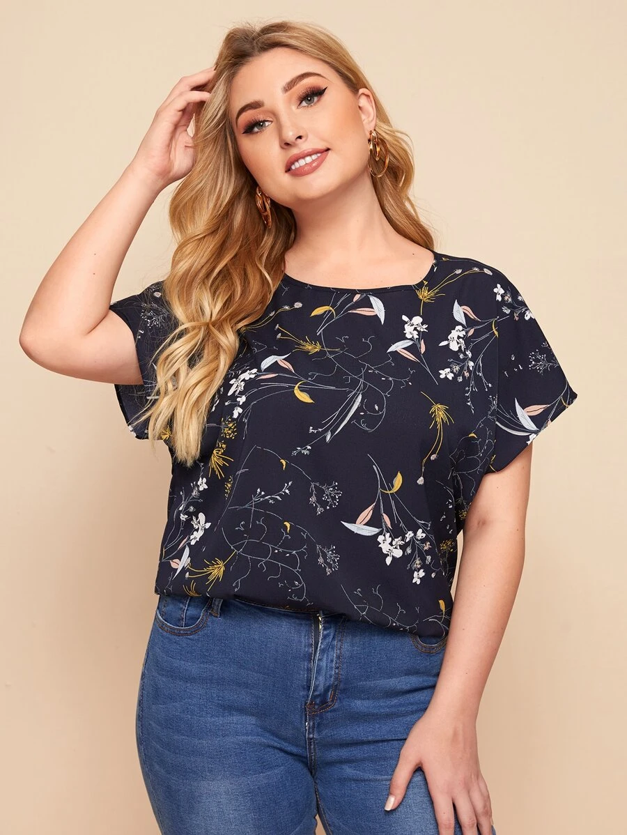 SHEIN LUNE Plus Botanical Print Batwing Sleeve Top - Navy Blue - View 1