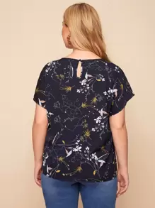 SHEIN LUNE Plus Botanical Print Batwing Sleeve Top - Navy Blue - View 2