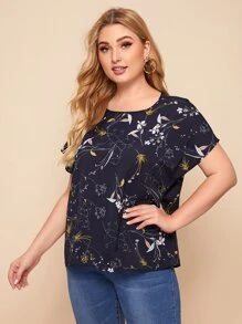 SHEIN LUNE Plus Botanical Print Batwing Sleeve Top - Navy Blue - View 3
