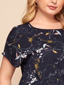 SHEIN LUNE Plus Botanical Print Batwing Sleeve Top - Navy Blue - View 4