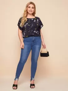 SHEIN LUNE Plus Botanical Print Batwing Sleeve Top - Navy Blue - View 5