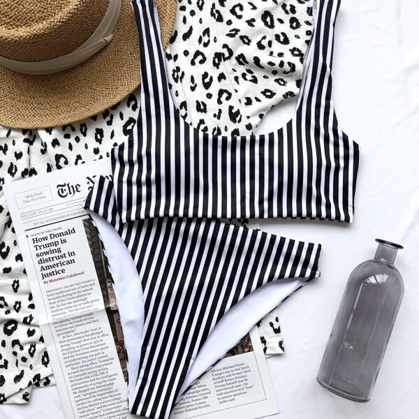 

Striped High Waisted Bikini Swimsuit, Black