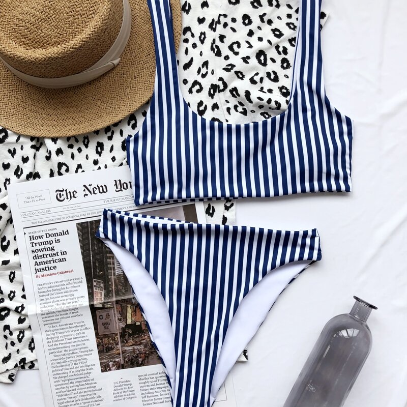 

Striped High Waisted Bikini Swimsuit, Blue and white