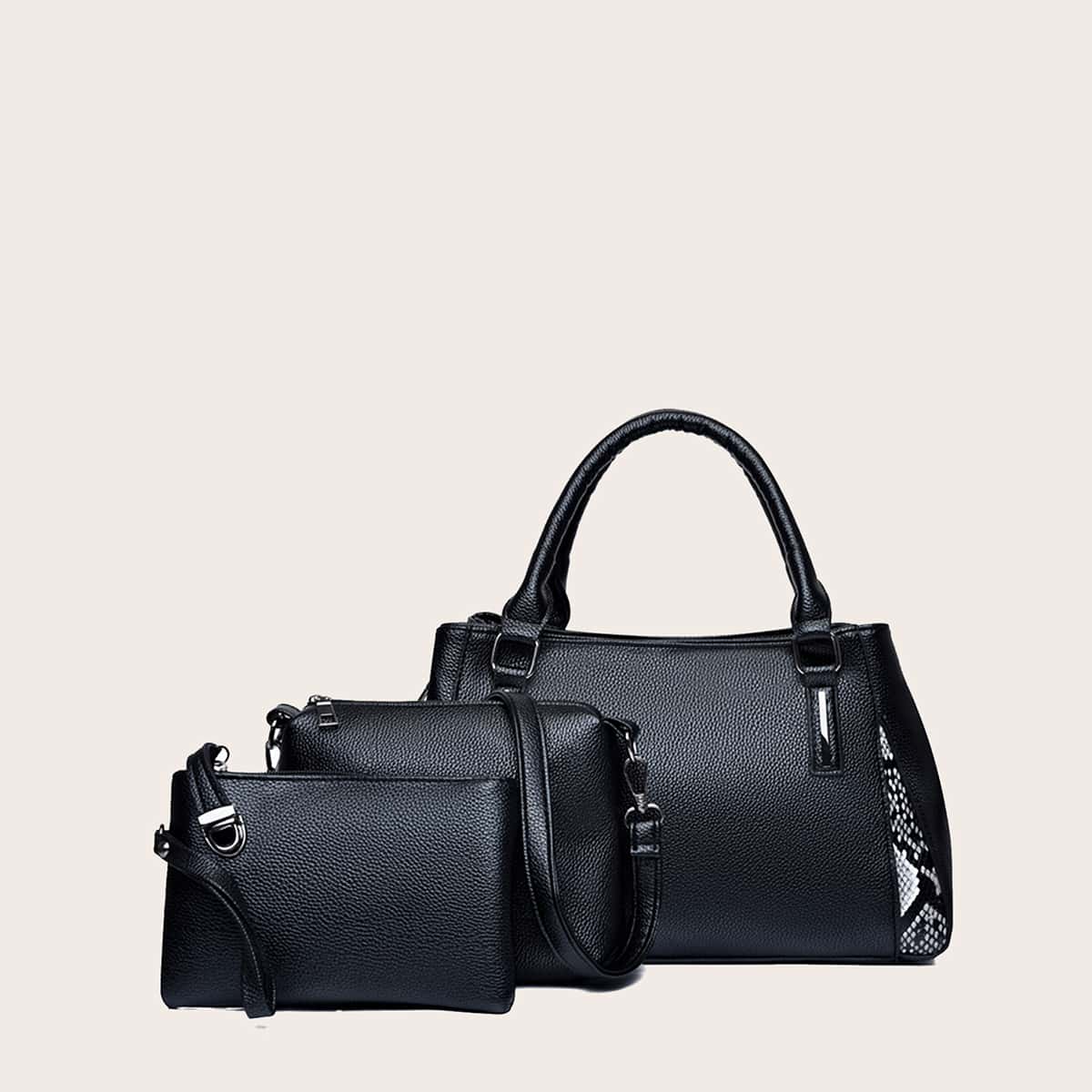 

3pcs Snakeskin Graphic Satchel Bag With Crossbody Bag, Black