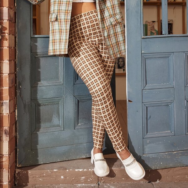 

Plus Plaid Print Pants, Mocha brown