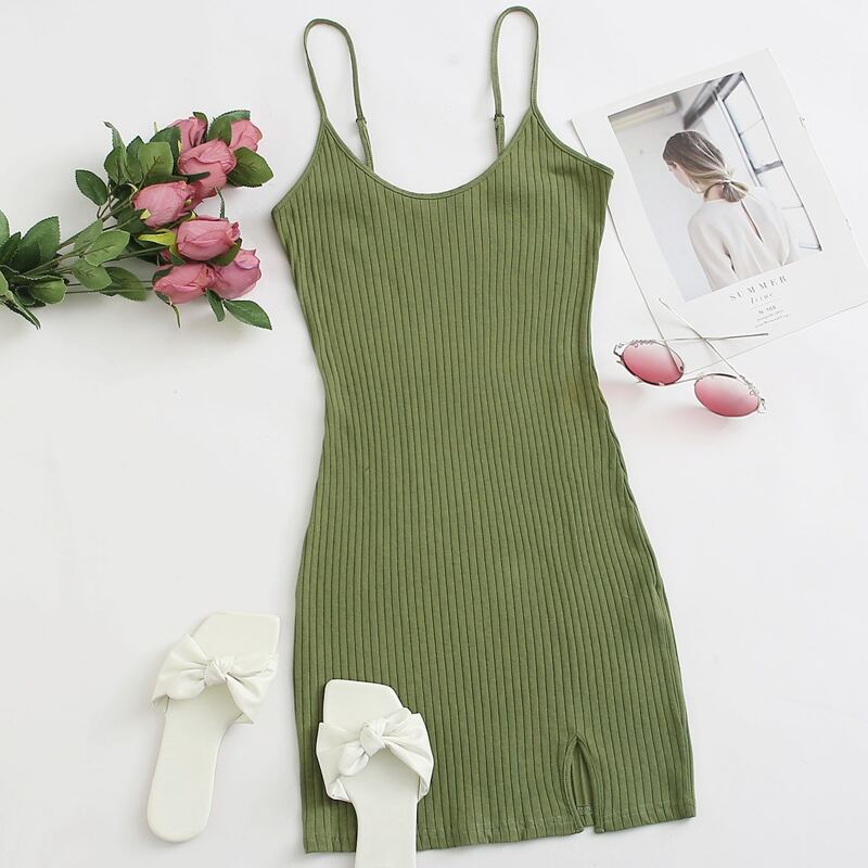 

Split Hem Rib-knit Solid Dress, Army green