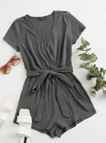SHEIN EZwear Surplice Neck Self Belted Romper - Dark Grey - View 1