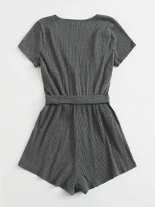 SHEIN EZwear Surplice Neck Self Belted Romper - Dark Grey - View 2